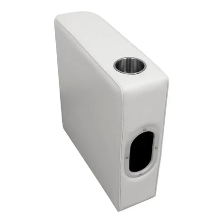 White vinyl-covered console arm rest with cup holder and storage for Wise Seating Deluxe
