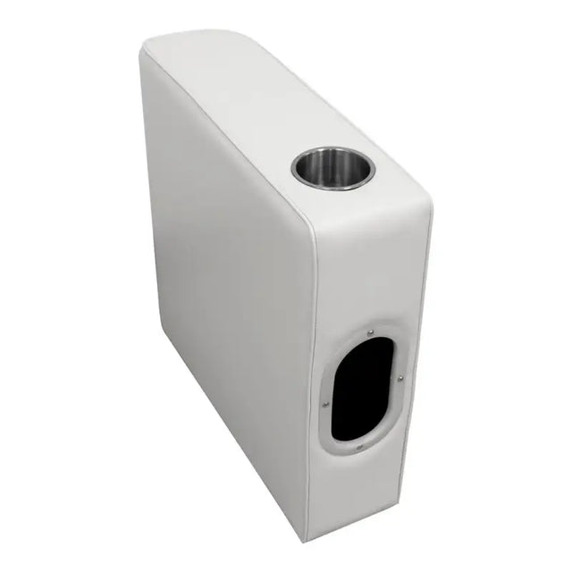 White vinyl-covered console arm rest with cup holder and storage for Wise Seating Deluxe