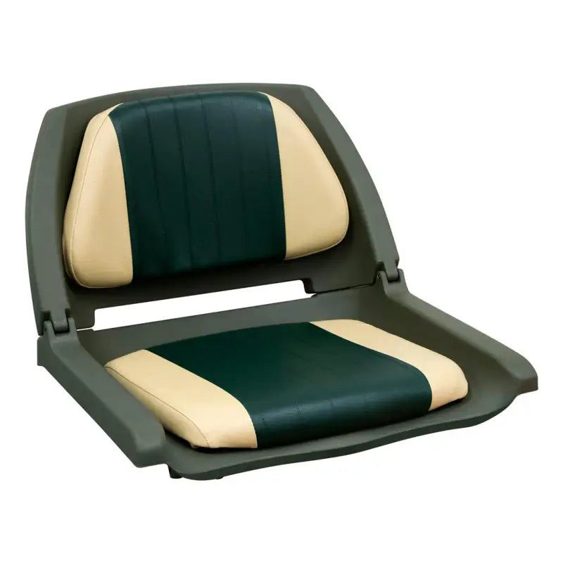 8WD139LS-011 Wise Seating Padded Plastic Fold Down Seat in beige and green color scheme, featuring comfortable padding and durable plastic construction with a fold-down design for easy storage, ideal for outdoor and marine use by Wise Seating.