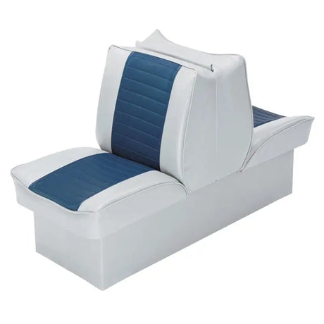 Two-tone white and blue marine flip-flop boat seat for small craft lounge seating