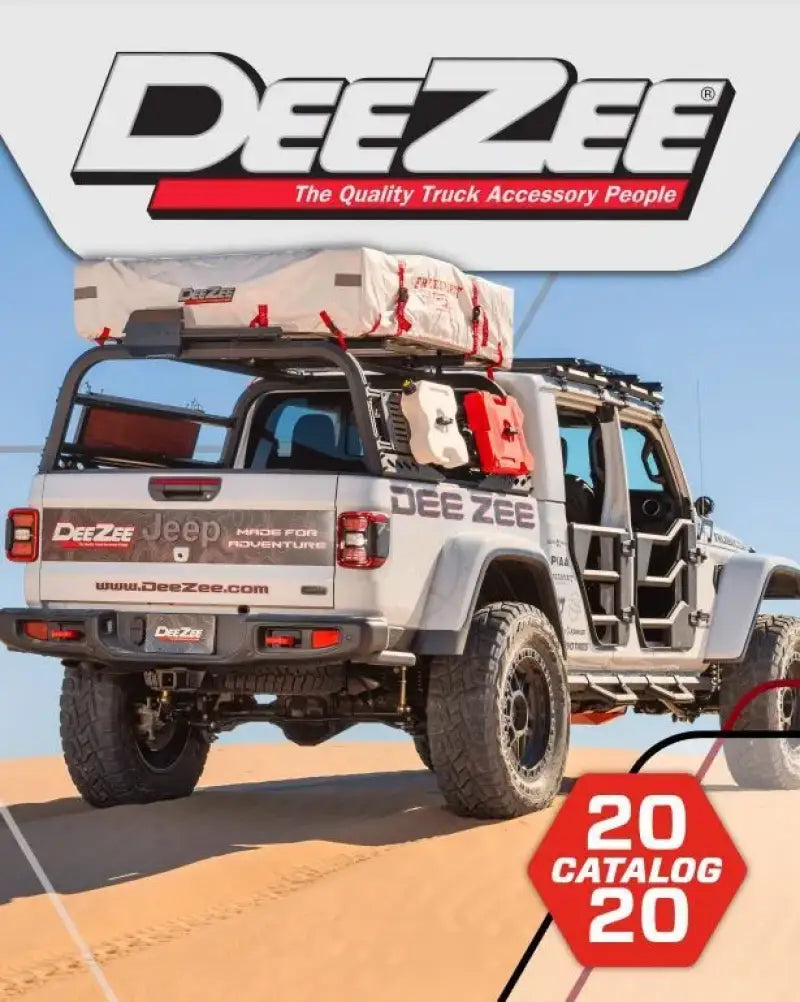 Dee Zee 2020 Catalog And Application Guide cover featuring a Jeep loaded with Dee Zee accessories, driving through sand dunes.