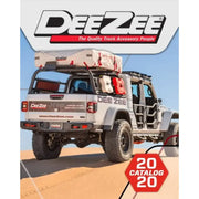 Dee Zee 2020 Catalog And Application Guide cover featuring a Jeep loaded with Dee Zee accessories, driving through sand dunes.