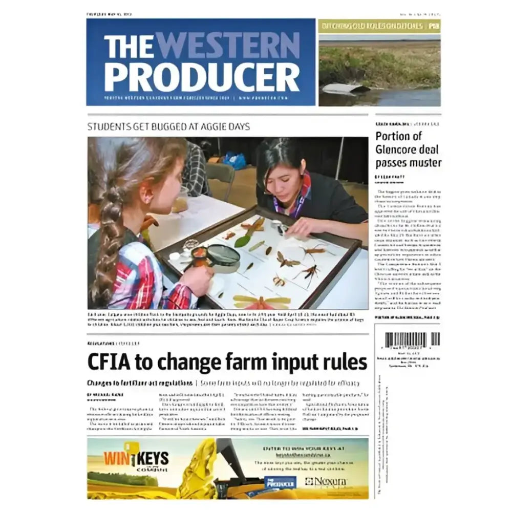 Front page of "The Western Producer" newspaper featuring articles on farm input rule changes and consumer activities with detailed images of students examining bugs and promotional material for consumer take-ones "900-2020T Dee Zee 2020 Consumer Take-Ones".