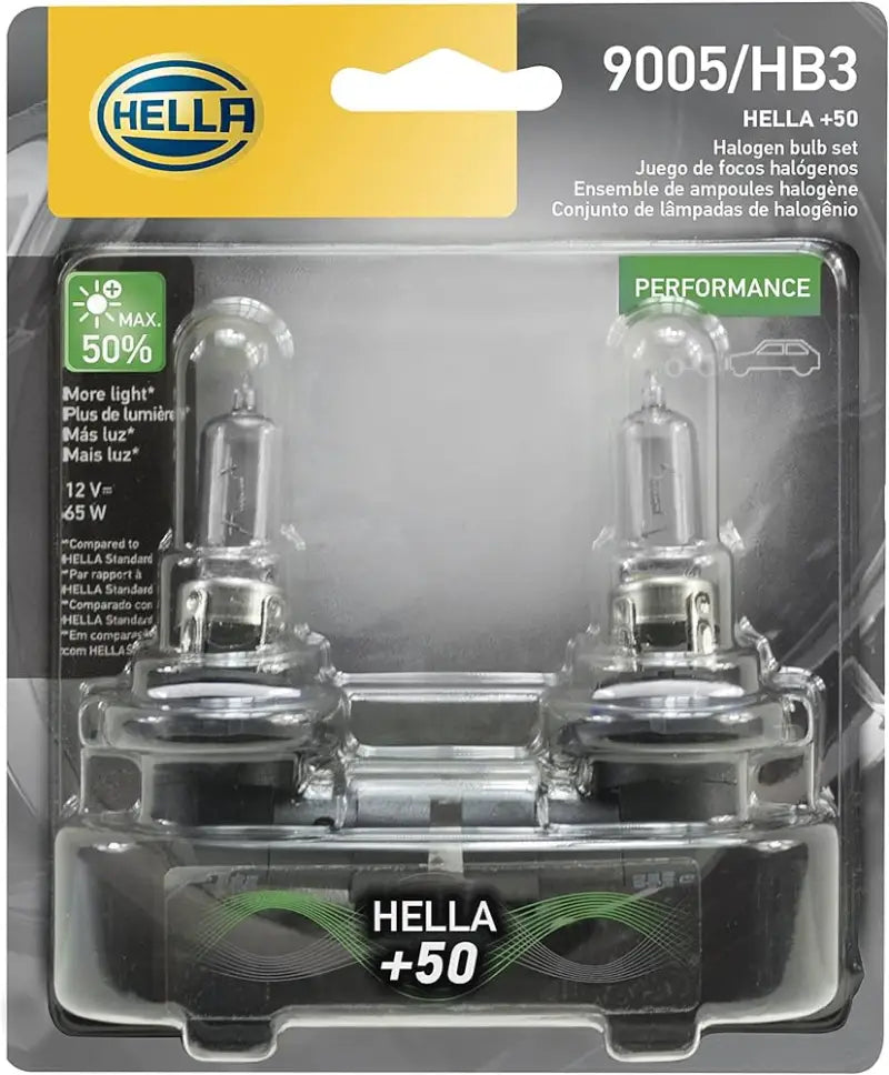 Hella halogen headlight bulb set 9005P50TB 12V 65W P20D for bright road visibility