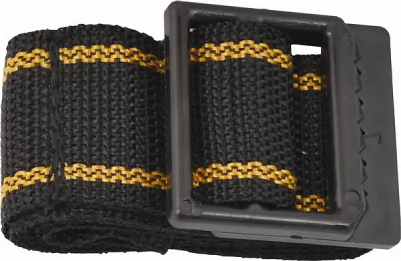 Attwood Marine 40' Battery Strap with metal buckle, rugged black and yellow polyester webbing.