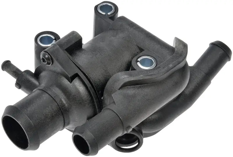 Black plastic Dorman T Housing for proper engine temperature and cooling system