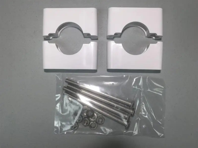White pipe mounting brackets with hardware for split mounts Morad pair in stainless steel