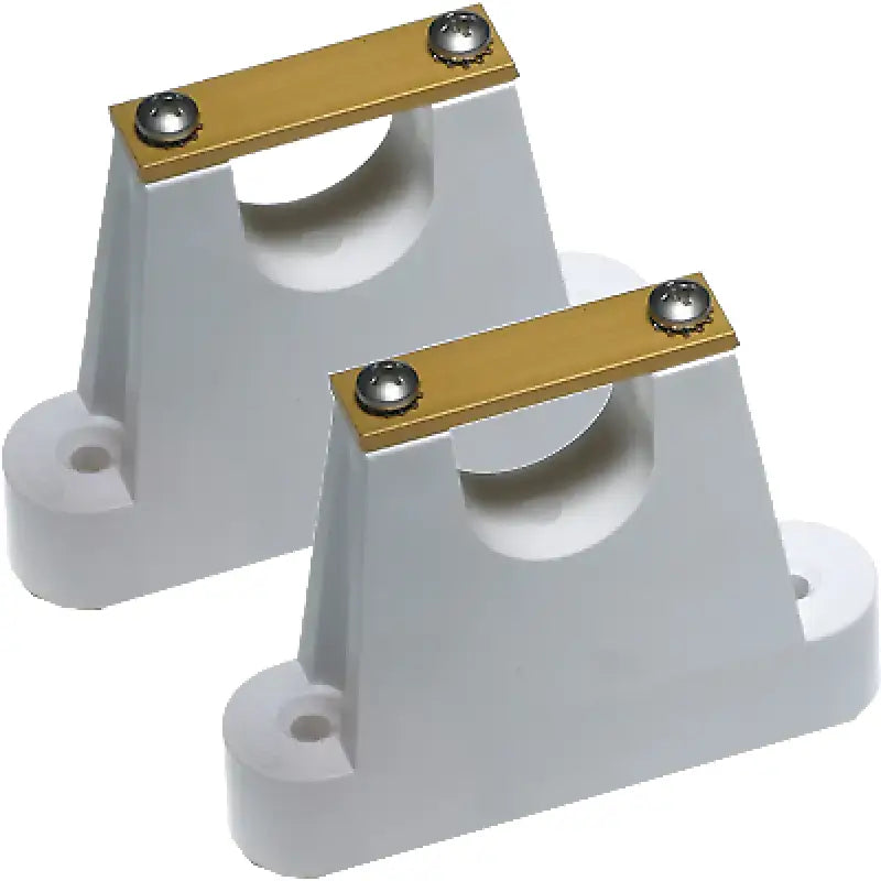 White plastic pipe supports with andzd straps for Morad M6 bulkhead mounts 1 inch