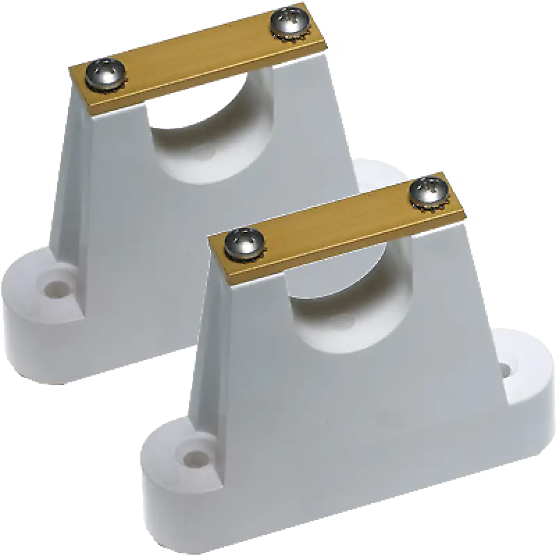 White plastic pipe supports with andzd straps for Morad M6 bulkhead mounts 1 inch