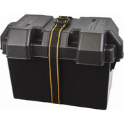 Attwood 9067-1 Marine 27/27M Battery Box, black with hinged lid, latch, and striped strap.