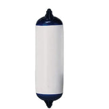 91-318-700 Polyform 7.5' X 26' commercial grade fender, white, cylindrical, blue tips, boat protection.