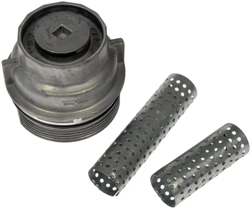 Metal oil filter housing with perforated tubes for Dorman Oil Filter Cap replacement