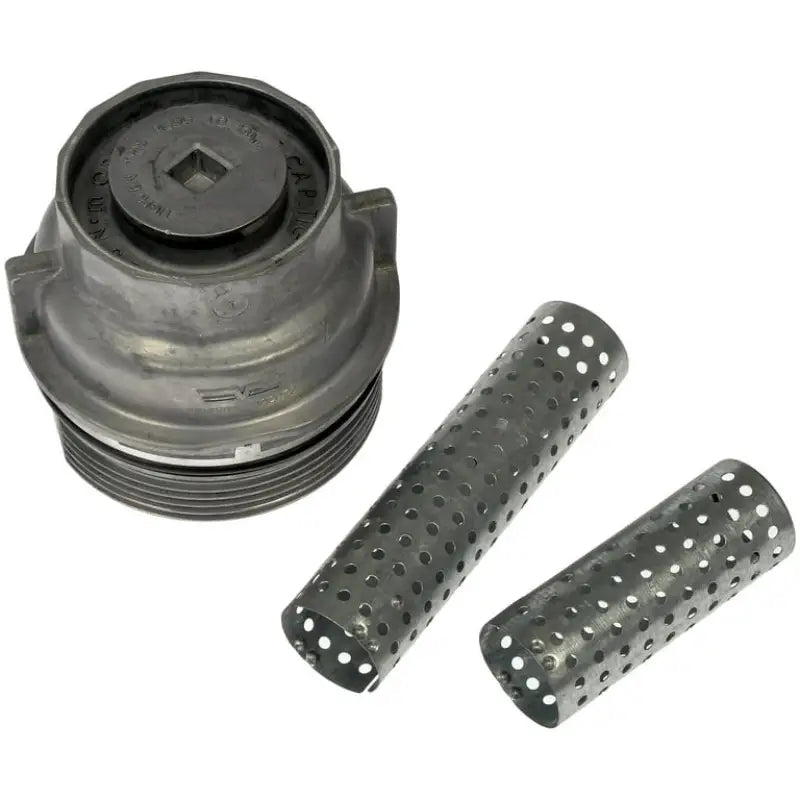 Metal oil filter housing with perforated tubes for Dorman Oil Filter Cap replacement