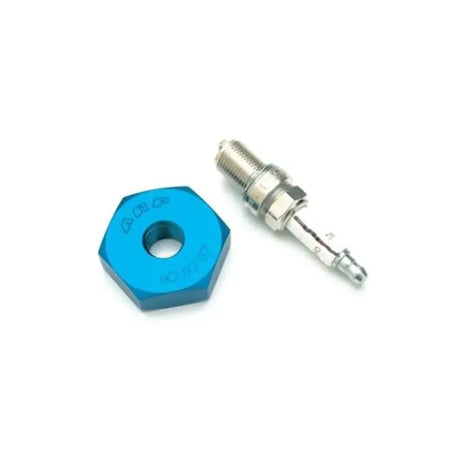 Blue hexagonal nut and spark plug for ARP 14mm spark plug indexer