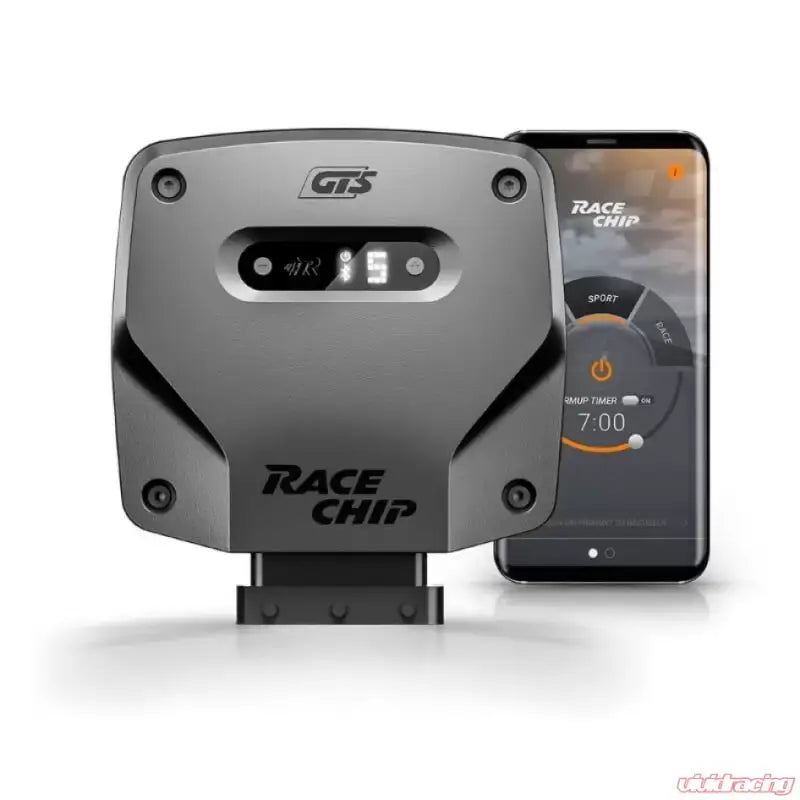 Gray RaceChip GTS module with smartphone for race chip performance and tuning