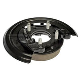 Black and gray brake assembly with loaded backing plate for durable loaded backing needs