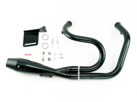 Black motorcycle exhaust system with merge collectors and swept-up muffler for 2in1 TC Softail