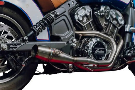 Indian Scout shorty Cannon custom exhaust system on motorcycle engine and rear wheel
