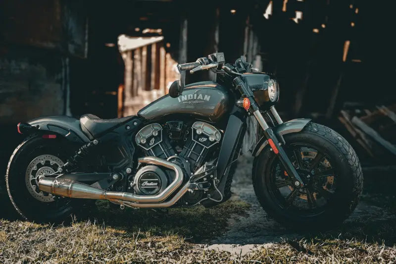 Gray Indian motorcycle from Sawicki Indian Scout Mid Length Black collection