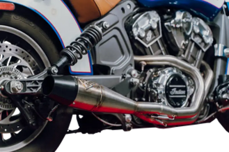 Sawicki Indian Scout mid length cannon custom exhaust with chrome header and black muffler