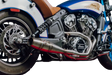 Blue and white Sawicki Indian Scout with mid length Cannon exhaust and leather seat