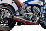 Blue and white Sawicki Indian Scout with mid length Cannon exhaust and leather seat
