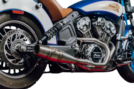Blue and white Sawicki Indian Scout with mid length Cannon exhaust and leather seat