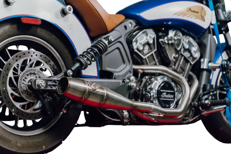 Blue and white Sawicki Indian Scout with mid length Cannon exhaust and leather seat
