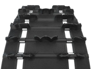 Black rubber cross country pitch rip snowmobile track with textured surface and lugs
