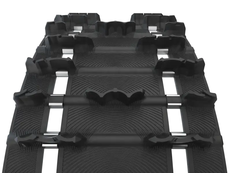 Black rubber cross country pitch rip snowmobile track with textured surface and lugs