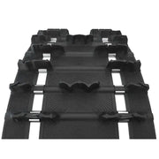 Black rubber cross country pitch rip snowmobile track with textured surface and lugs