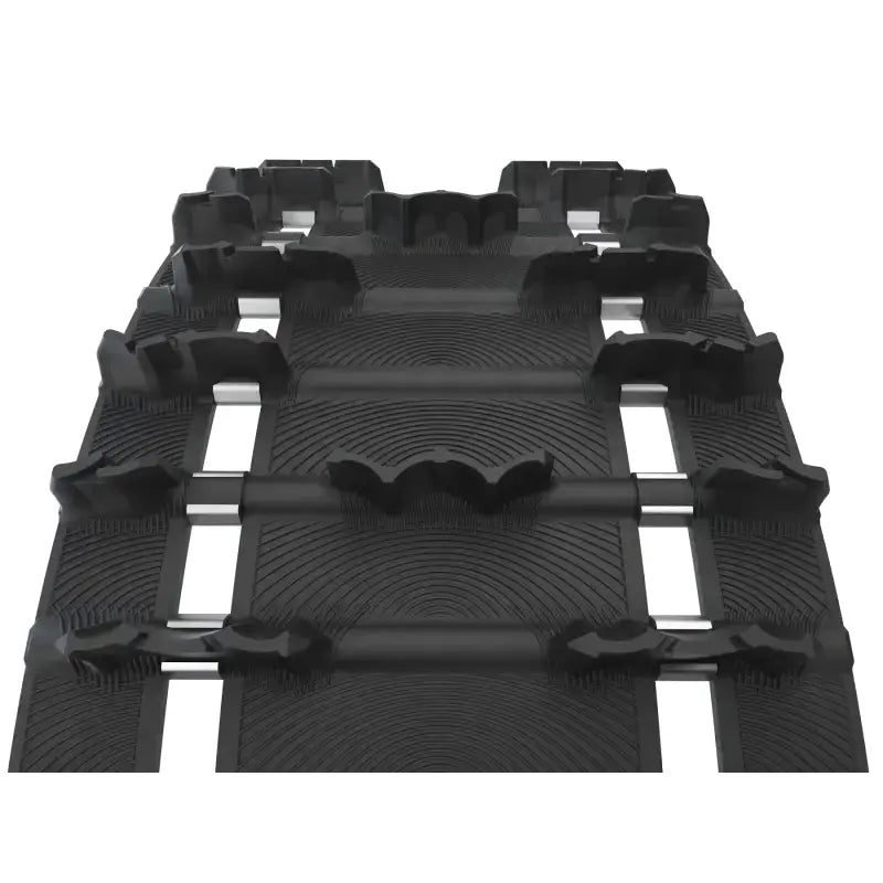 Black rubber cross country pitch rip snowmobile track with textured surface and lugs