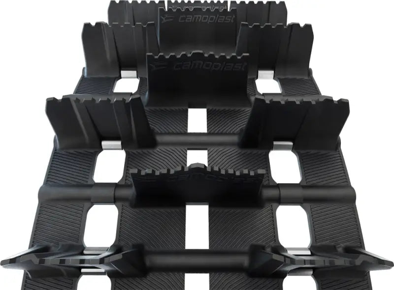 Black rubber pitch Challngr snowmobile track with aggressive notched lug tips