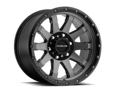 Black and gray alloy wheel showcasing Raceline 934G 20x9 for tough off-road look