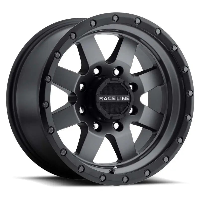 Matte black Raceline 935G 18x9 wheel with rugged design and silver accents