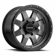Matte black Raceline 935G 18x9 wheel with rugged gunmetal design