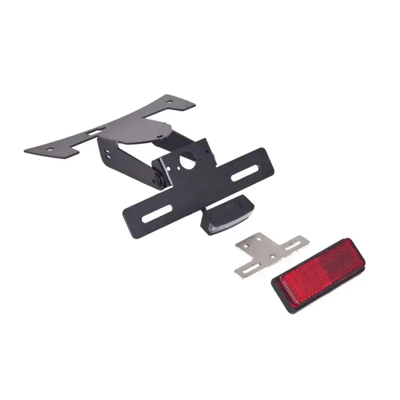 Black metal motorcycle license plate holder with LED light and red reflector for fender eliminator kit