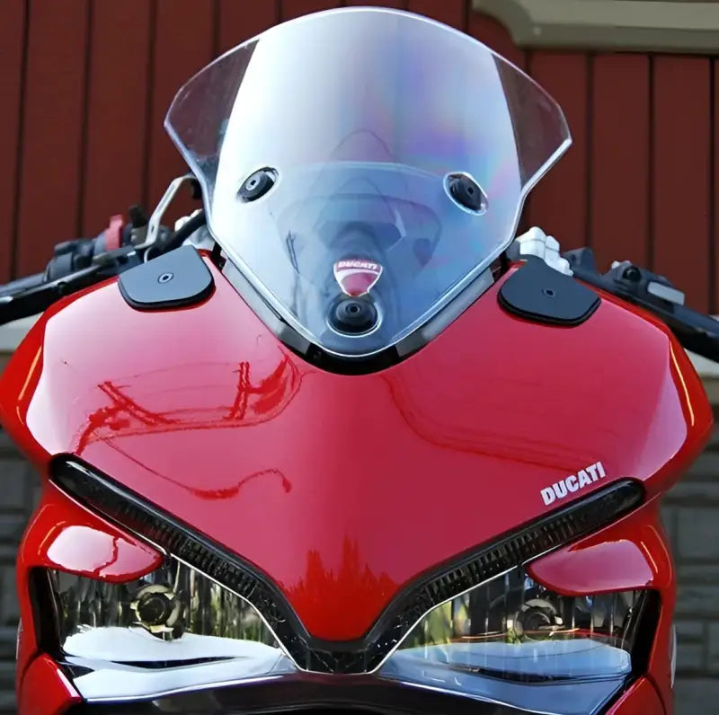 Front view of a red Ducati motorcycle with LED turn signals for the 939-FS-BO Duc
