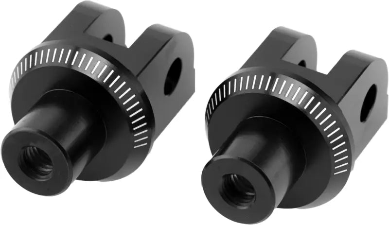 Black anodized aluminum 9471N footpeg adapter with measurement markings for racing footpegs