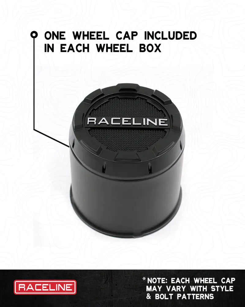 Black Raceline Stryker wheel cap in satin black finish for the Raceline Stryker Satin series