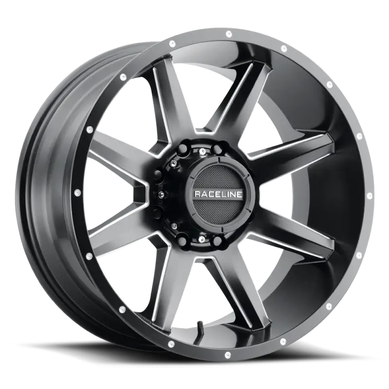 Black and silver eight-spoke wheel, Raceline Stryker Satin Black Milled 20X9 6X1