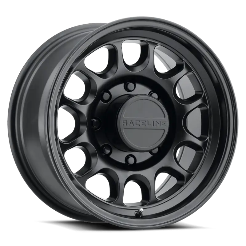 Black off-road wheel showcasing Raceline Rogue Satin Black 17X9 5X127 -12Mm design