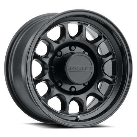 Black off-road wheel showcasing Raceline Rogue Satin Black 17X9 5X127 -12Mm design