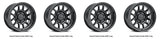 Four black alloy wheels featuring Raceline Rogue Satin Black finish for a sleek look