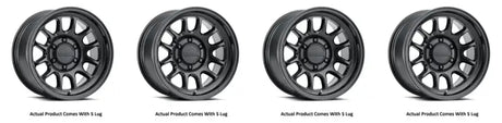 Four black alloy wheels featuring Raceline Rogue Satin Black finish for a sleek look
