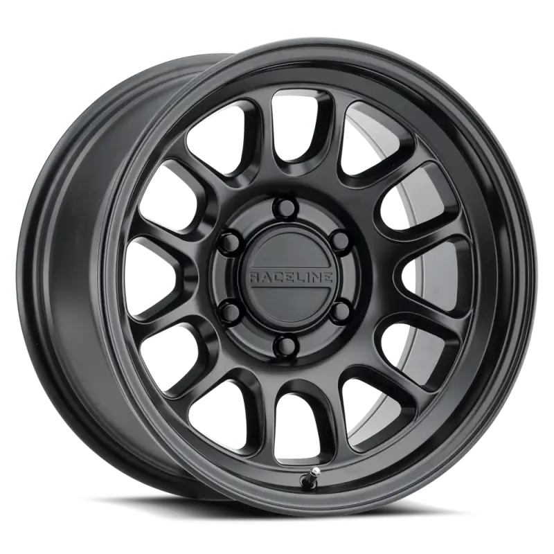 Black alloy car wheel featuring Raceline Rogue Satin Black finish on 17x9 rim