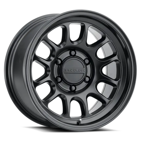 Black alloy car wheel featuring Raceline Rogue Satin Black finish on 17x9 rim