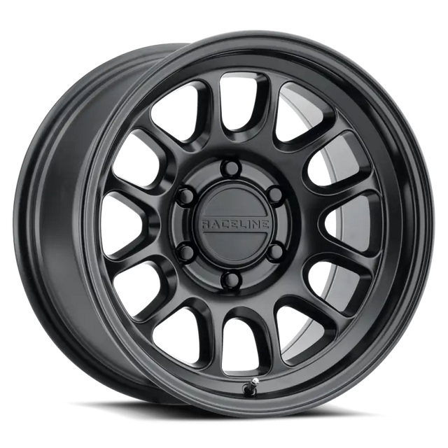 Black alloy car wheel featuring Raceline Rogue Satin Black finish on 17x9 rim