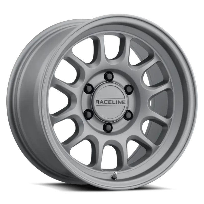 Silver car wheel featuring Raceline Rogue Titanium 17x9 with 5X127 bolt pattern