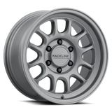 Silver car wheel featuring Raceline Rogue Titanium 17x9 with 5X127 bolt pattern